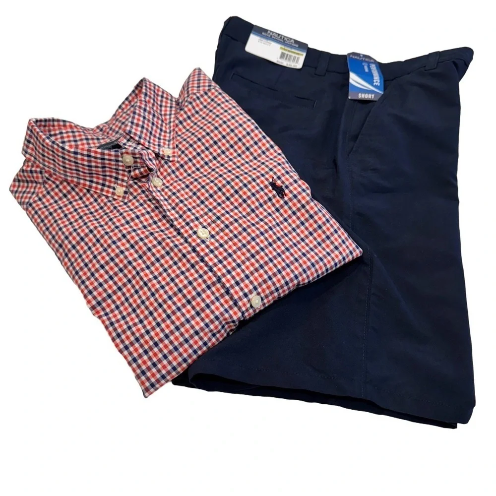 Boys Outfit Ralph Lauren Plaid Button Down Shirt & Nautica Blue Shorts Sz 14